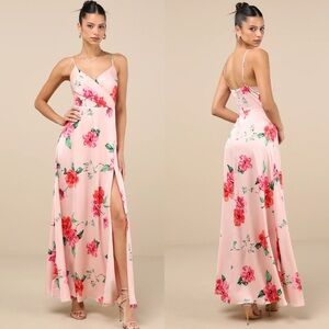 NWT Lulu’s Radiant Occasion Light Pink Floral Satin A-Line Maxi Dress Medium